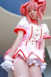 Cute Pink Hair Asian Cosplay Girl Pulling Down Panties